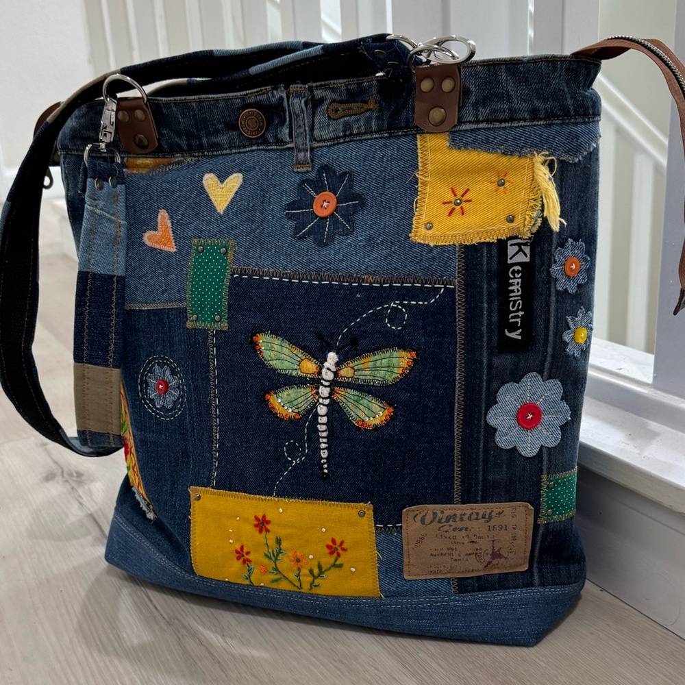 Handmade Upcycled Denim Tote Bag – Dragonfly & Patchwork Design - Picture 7 of 16